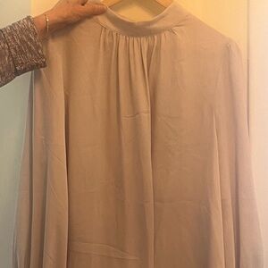 Creamy Beige Mock Neck Blouse with Buttoned Cuffs